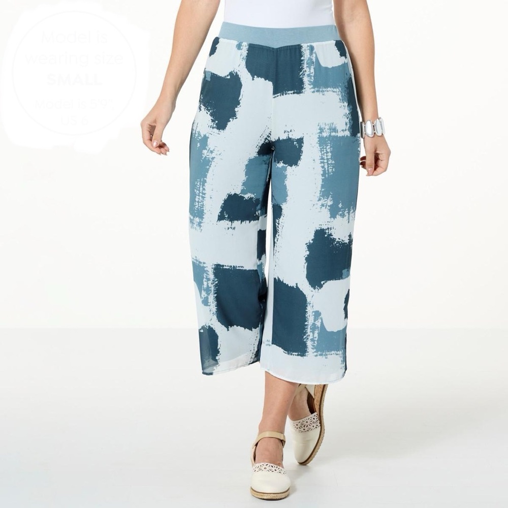 New WynneLayers Printed Crop Pant with Chiffon Overlay $80